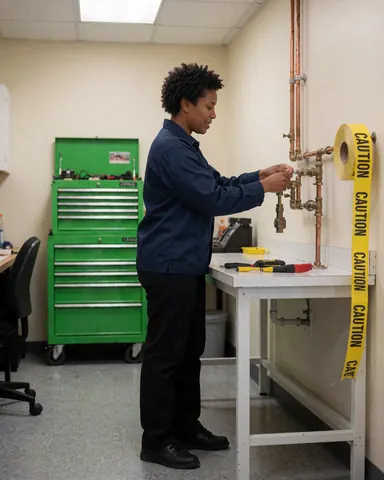 Un plombier effectue une réparation sur un tuyau de cuivre dans un atelier, à côté d'une boîte verte et d'un ruban jaune posés sur une table de travail.