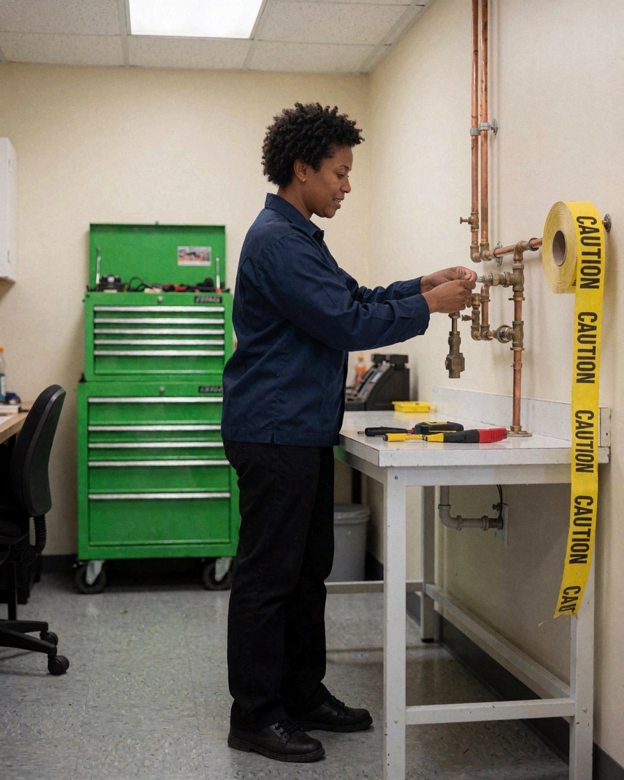 Un plombier effectue une réparation sur un tuyau de cuivre dans un atelier, à côté d'une boîte verte et d'un ruban jaune posés sur une table de travail.