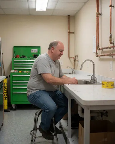 Un homme satisfait examine un robinet neuf dans un atelier de plomberie avec des tuyaux en cuivre et une boîte à outils verte.