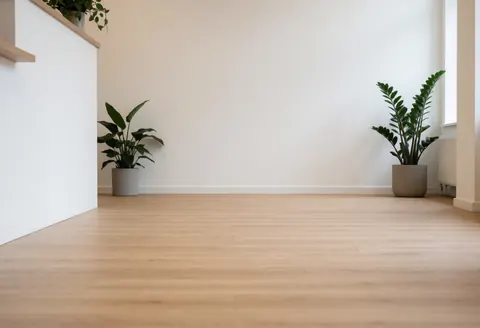 Réception d'un centre éducatif avec un sol en bois clair, des murs blancs et des plantes vertes, baignée de lumière naturelle.