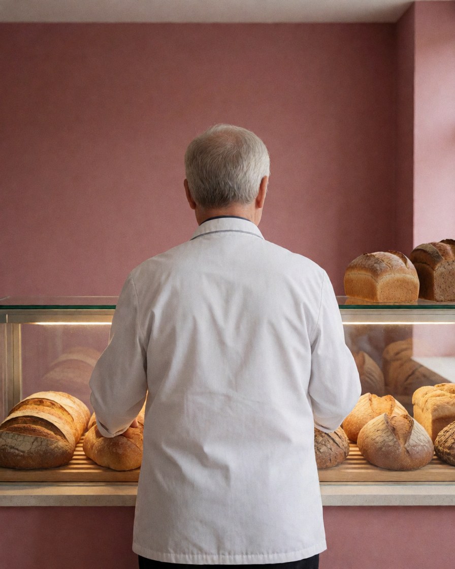 Boulanger âgé en uniforme blanc arrange du pain frais dans une vitrine en bois avec des murs rose pâle et un éclairage chaleureux.