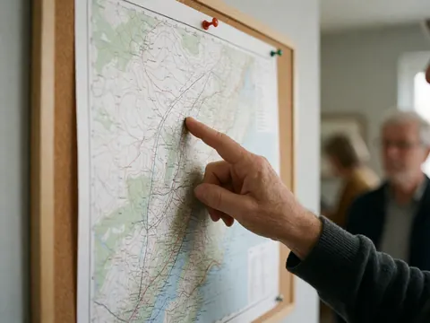 Un doigt pointe une route sur une carte de montagne fixée sur un tableau en liège à l'intérieur d'un refuge de montagne.