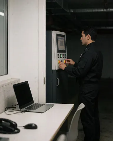 Agent de sécurité surveillant un panneau de contrôle intérieur dans un parking, utilisant un moniteur et des boutons pour assurer la sécurité du site.
