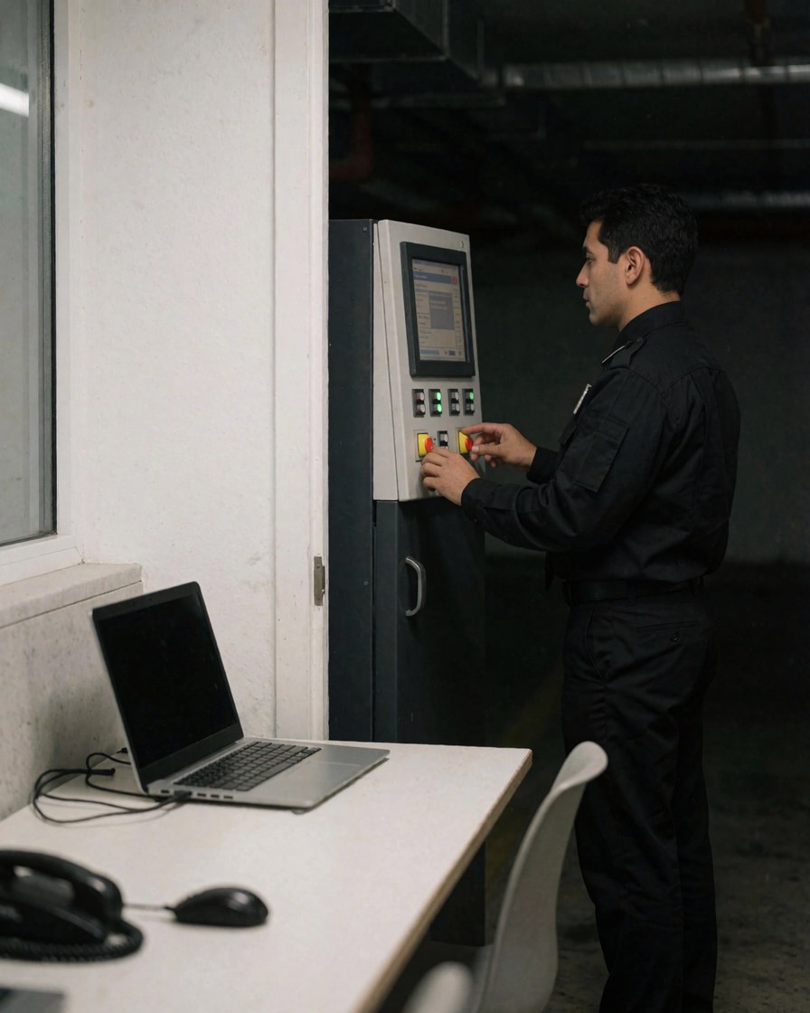 Agent de sécurité surveillant un panneau de contrôle intérieur dans un parking, utilisant un moniteur et des boutons pour assurer la sécurité du site.