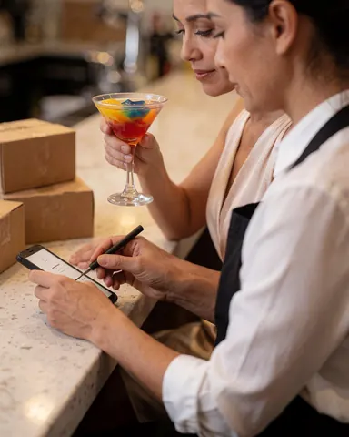 Une cliente tient un cocktail coloré dans un bar moderne et épuré tandis qu'un barista consulte une tablette pour prendre la commande.