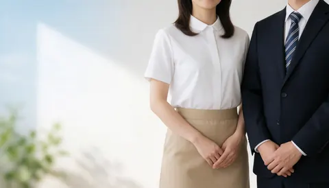 Deux personnes debout dans un bureau avec un fond blanc, vêtues d'une chemise blanche et d'un costume, avec un espace pour le texte à gauche