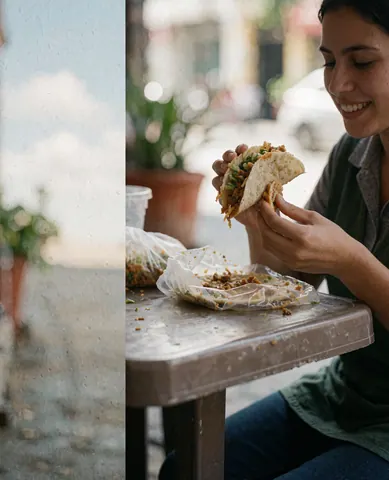 Une femme sourit en dégustant un taco garni de pois sur une table en plastique à l'extérieur dans une rue.