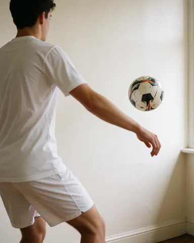 Un joueur de football réalise un passe mur avec un ballon noir et blanc sur un fond blanc, vêtu d'un équipement sportif blanc, illustrant une action d'entraînement clair et dynamique.