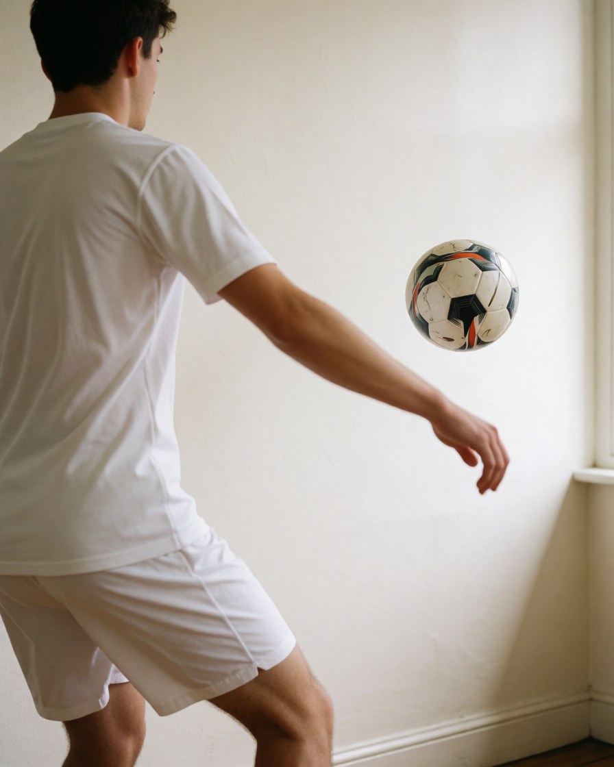 Un joueur de football réalise un passe mur avec un ballon noir et blanc sur un fond blanc, vêtu d'un équipement sportif blanc, illustrant une action d'entraînement clair et dynamique.