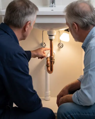 Un plombier en uniforme bleu indique un tuyau de cuivre exposé sous un lavabo blanc pendant qu'un client observe attentivement dans une salle de bain.
