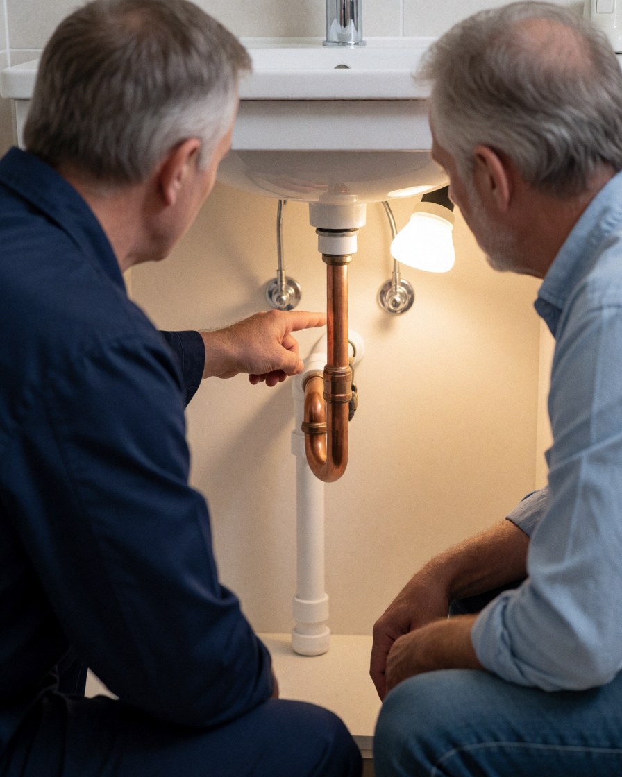 Un plombier en uniforme bleu indique un tuyau de cuivre exposé sous un lavabo blanc pendant qu'un client observe attentivement dans une salle de bain.
