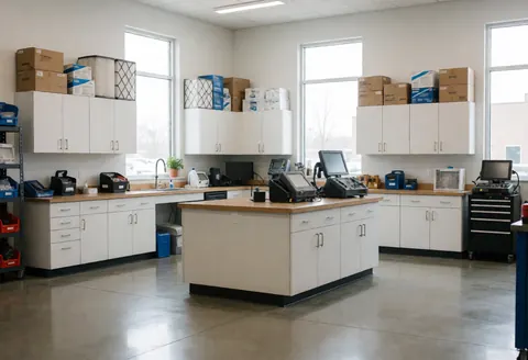 Intérieur d'un atelier moderne avec tables de travail, boîtes de pièces et grandes fenêtres laissant entrer la lumière naturelle.