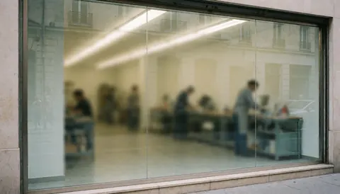 Vue à travers une fenêtre en verre feuilleté montrant un atelier intérieur avec des tables et des luminaires fluorescents, offrant une image professionnelle et lumineuse.