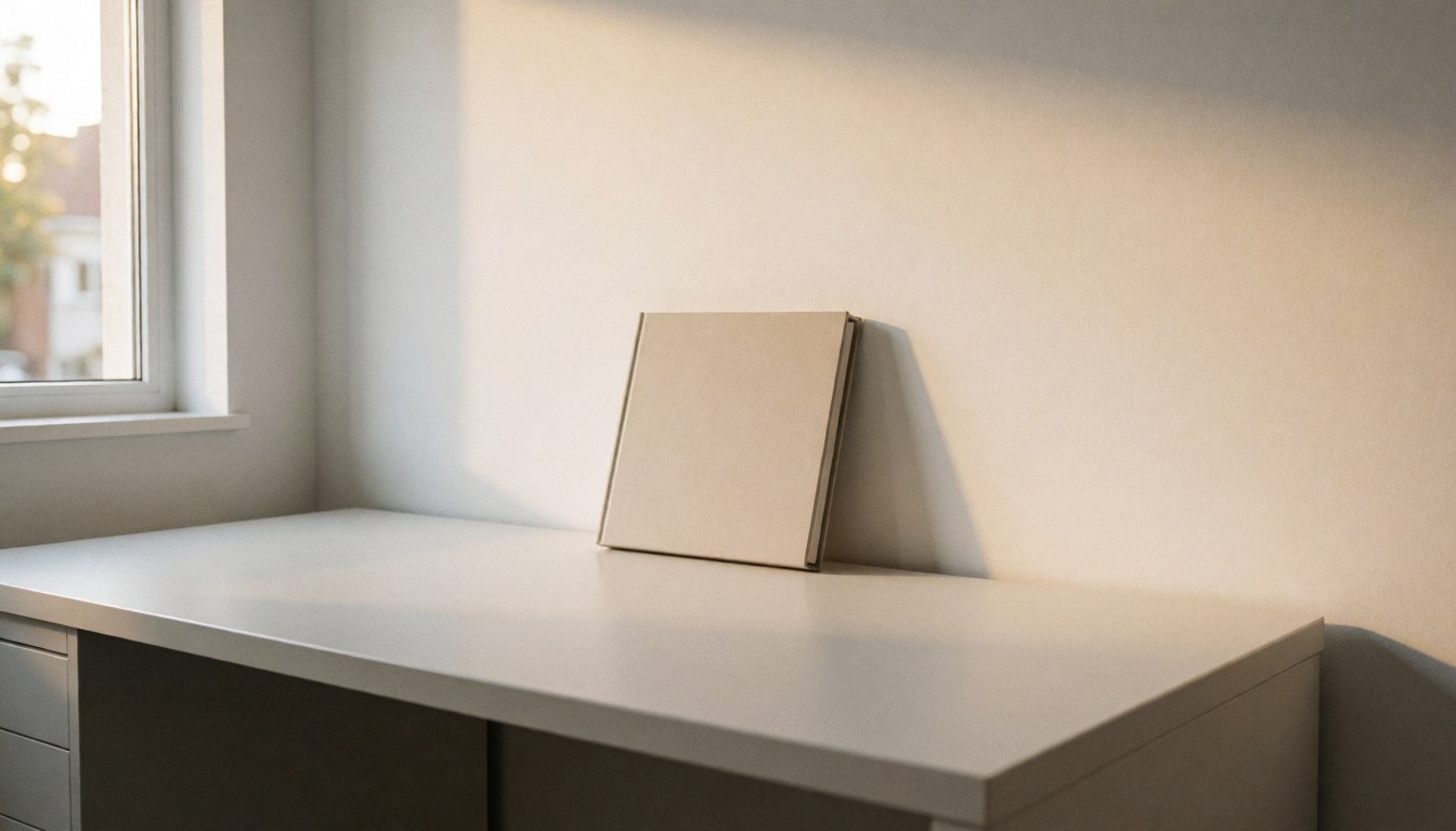 Album de photos posé sur un bureau blanc, éclairé par la lumière naturelle d'une fenêtre, sur un fond blanc minimaliste, idéal pour un photographe de mariage.