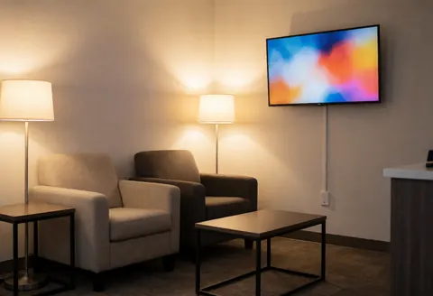 Espace d'attente moderne comprenant deux fauteuils confortables, une table basse centrale et une télévision fixée au mur, idéal pour un environnement professionnel.