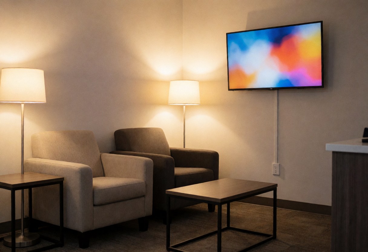 Espace d'attente moderne comprenant deux fauteuils confortables, une table basse centrale et une télévision fixée au mur, idéal pour un environnement professionnel.
