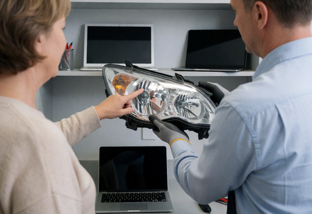 Un client pointe du doigt un phare brillant et restauré tandis qu'un technicien le tient dans un atelier de réparation automobile.