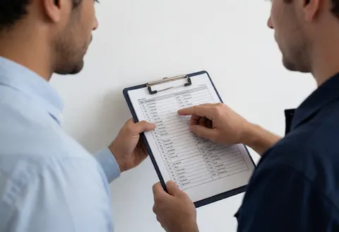 Un mécanicien et un client examinent ensemble une liste de contrôle dans un bureau à mur blanc, illustrant un service de maintenance automobile en cours.