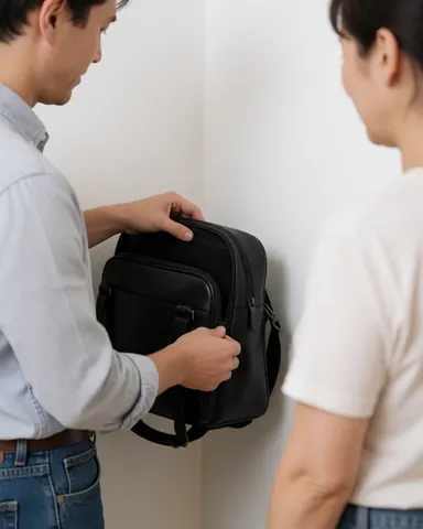Un homme ferme un sac en noir dans un coin, scène professionnelle adaptée à toute entreprise, avec une femme présente en arrière-plan.