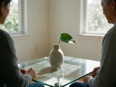 Un vase en céramique contenant une feuille verte posé sur une table en verre dans une pièce lumineuse aux murs blancs et aux fenêtres.