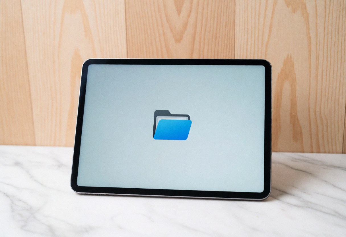 Tablette affichant une icône de dossier posée sur une surface en marbre blanc, devant un mur en bois clair, avec une éclairage uniforme pour un usage professionnel.