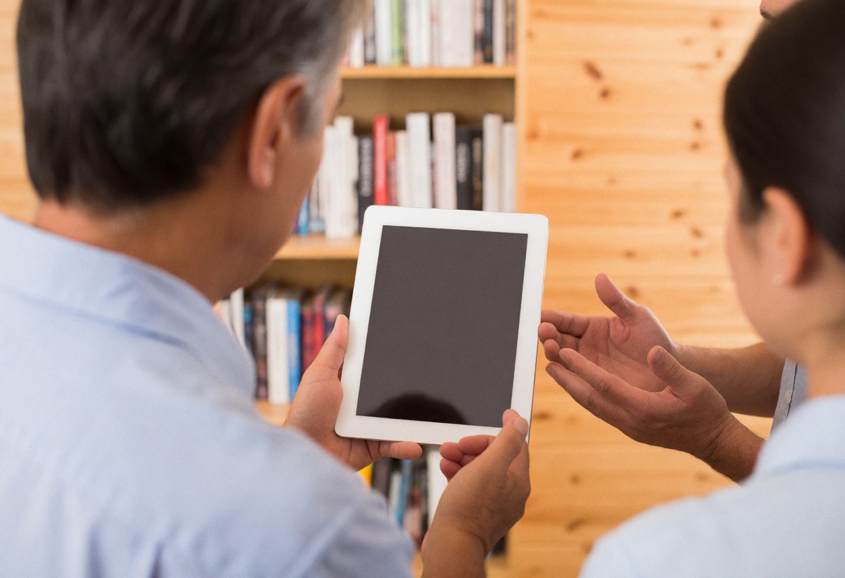 Un professionnel et un client examinent ensemble une tablette dans un bureau moderne avec une bibliothèque en bois, illustrant un service en action.