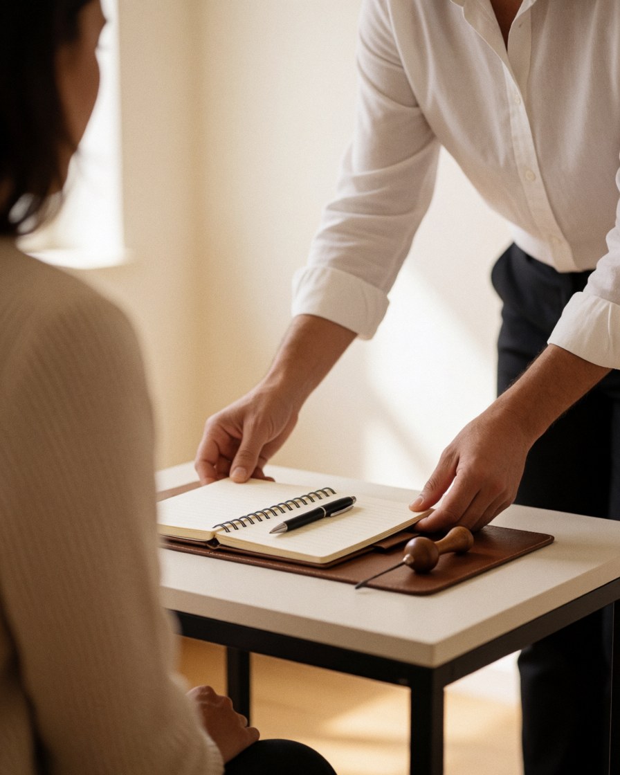 Un thérapeute prépare une séance avec un carnet et un pendule en bois sur une table blanche dans un cadre professionnel et chaleureux.