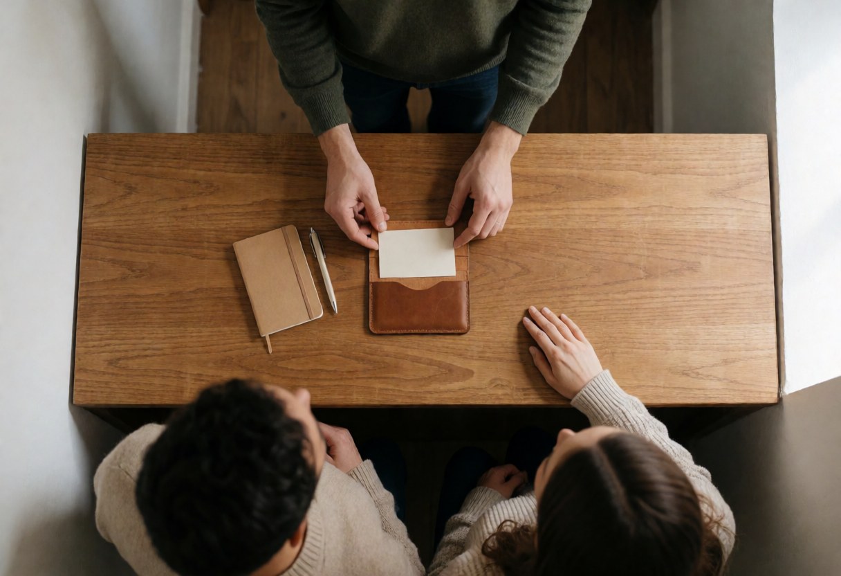 Des mains placent une carte dans un portefeuille en cuir sur une table en bois, accompagnées d'un carnet et d'un stylo dans un cadre professionnel.