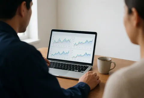 Un technicien consulte des données énergétiques sur un ordinateur portable posé sur une table, accompagné d'une tasse de café, devant un mur blanc.