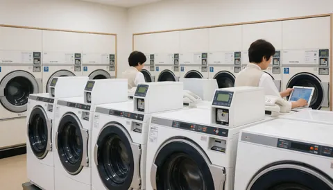 Une personne travaille dans une laverie avec des lave-linge à chargement frontal et des écrans numériques dans un environnement propre et ordonné.