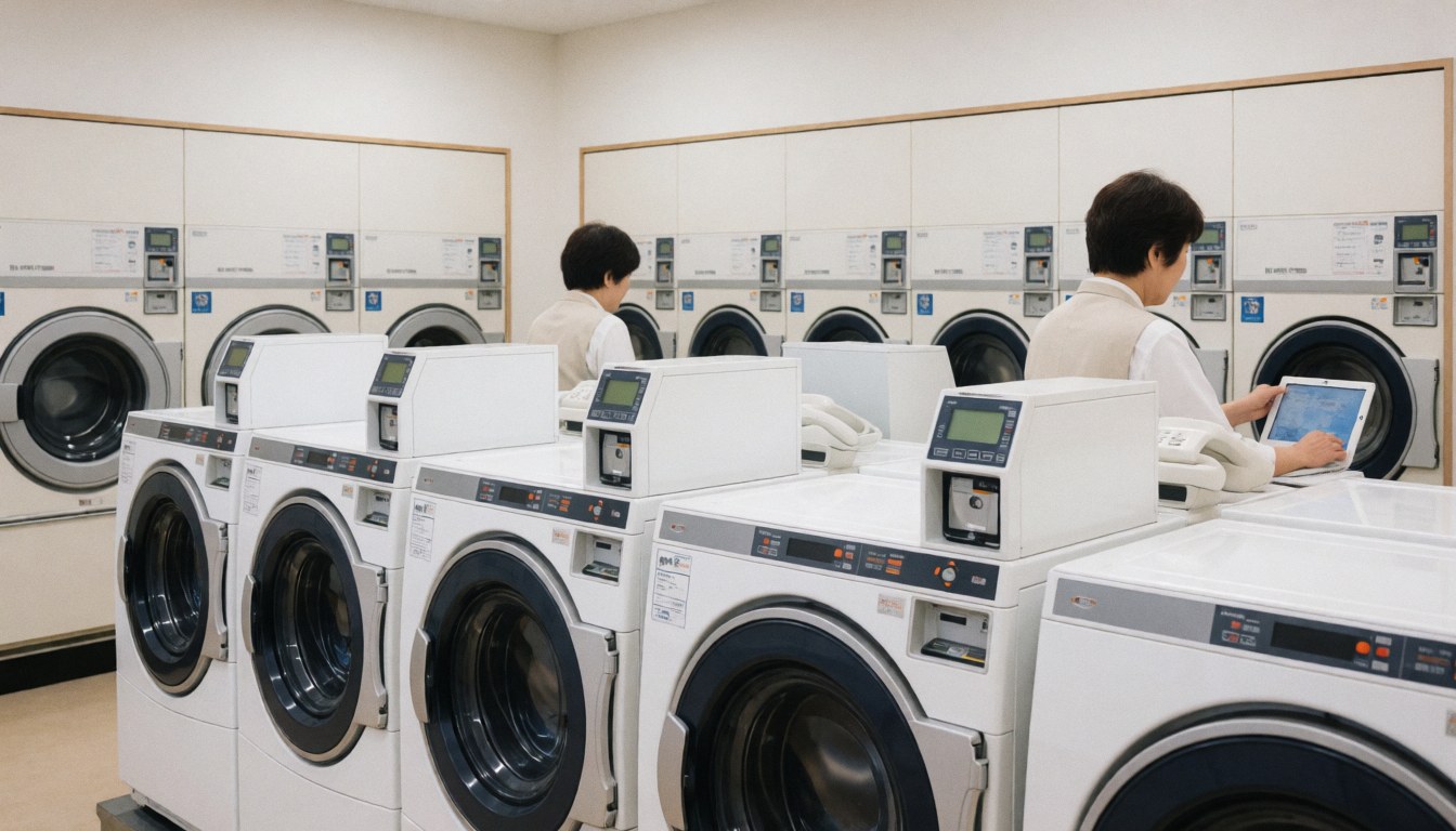 Une personne travaille dans une laverie avec des lave-linge à chargement frontal et des écrans numériques dans un environnement propre et ordonné.