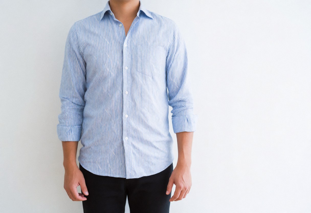 Homme debout en chemise bleue et blanche sur fond blanc, image adaptée à un usage commercial professionnel.