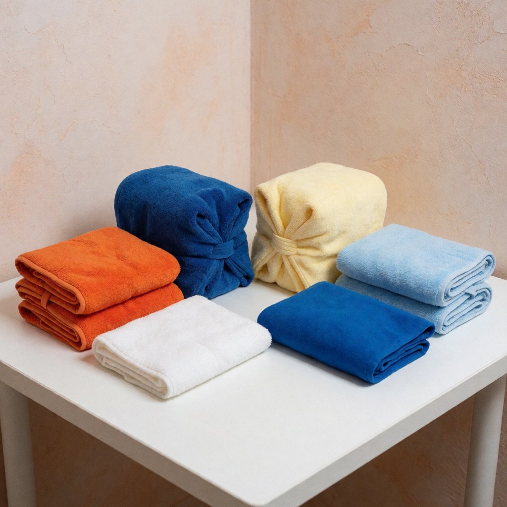 Serviettes colorées pliées sur une table blanche avec des murs en plâtre terracotta, idéal pour un spa ou un salon de beauté