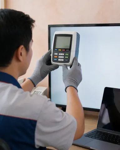 Un technicien calibre l'écran d'un téléviseur à l'aide d'un colorimètre dans un atelier moderne aux murs clairs.