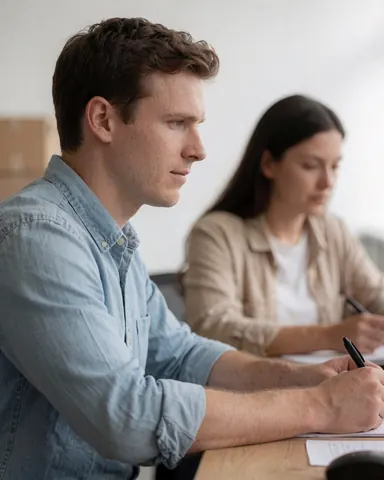 Un homme et une femme écrivent sur une table en bois dans un bureau baigné de lumière naturelle, évoquant une réunion ou un cours.