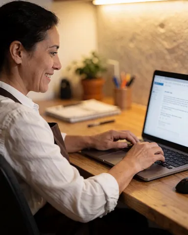 Une femme souriante utilise son ordinateur portable sur une table en bois, avec une plante et un carnet en arrière-plan dans un espace de travail chaleureux.