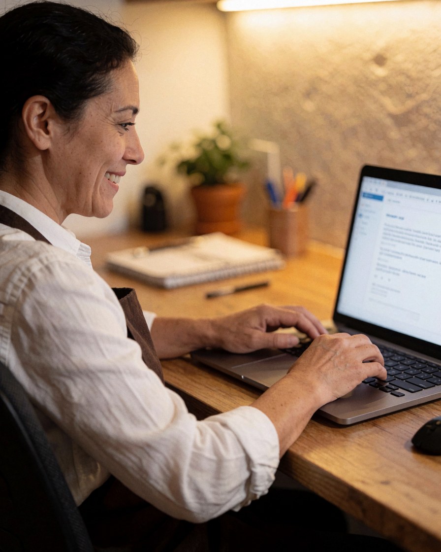 Une femme souriante utilise son ordinateur portable sur une table en bois, avec une plante et un carnet en arrière-plan dans un espace de travail chaleureux.