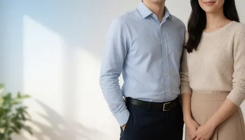 Deux adultes debout dans un bureau baigné de lumière naturelle, vêtus de manière formelle, avec un espace vide à gauche pour ajouter du texte ou des informations.