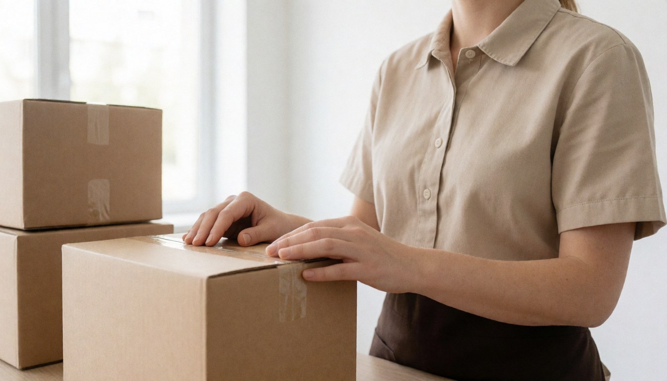 Une personne utilise du ruban adhésif pour sceller une boîte en carton dans un bureau lumineux, illustrant les opérations logistiques et les services de livraison.