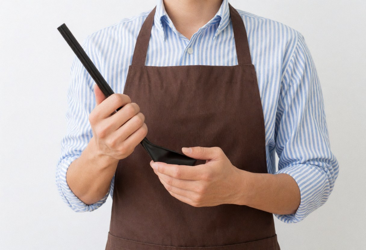 Personne vêtue d'un tablier tenant une cuillère de cuisine sur un fond blanc, évoquant un environnement de travail culinaire.