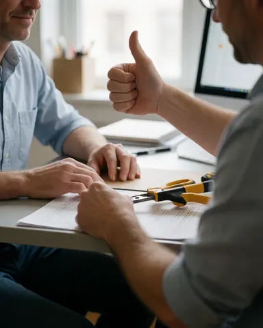 Un homme satisfait fait un pouce levé dans son bureau, entouré d'outils et d'un ordinateur, illustrant la satisfaction client au travail.