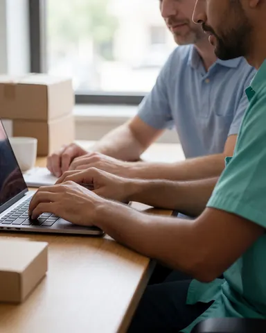 Deux hommes travaillent ensemble sur un ordinateur portable posé sur une table en bois avec des cartons d'expédition dans un bureau éclairé par la lumière naturelle.