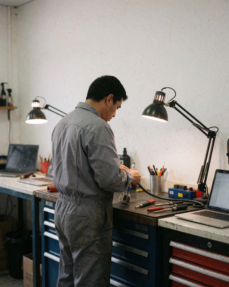 Mécanicien en atelier de motos travaillant avec des outils sous l'éclairage de travail, montrant de l'attention au détail dans son atelier.