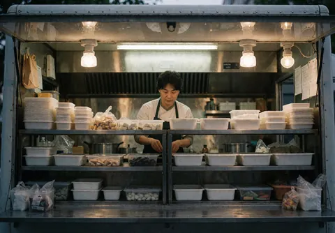 Un chef prépare des aliments dans un food truck, entouré de contenants blancs, d'étagères métalliques et d'un éclairage doux.