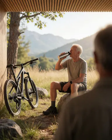 Un cycliste âgé boit de l'eau d'une gourde en se reposant sur un rocher dans une clairière, son vélo de montagne posé à proximité.