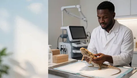 Un vétérinaire examine un lézard barbu dans une clinique moderne équipée, baignée de lumière naturelle, illustrant des soins vétérinaires professionnels.