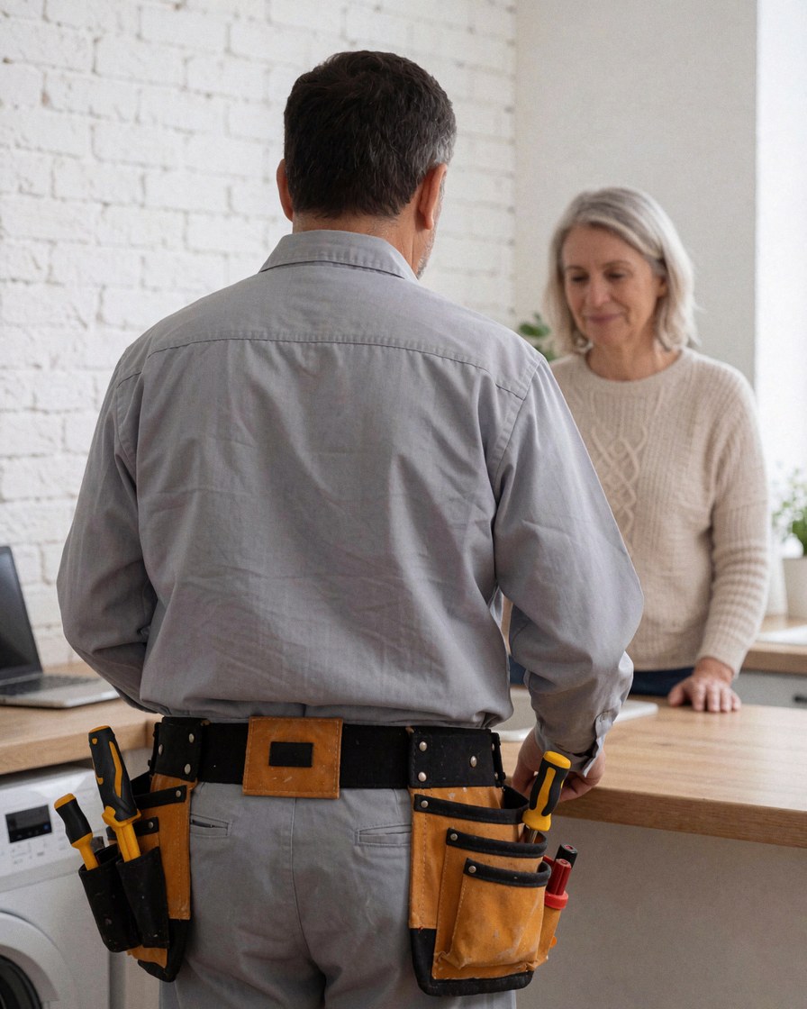 Technicien en uniforme s'approche d'une cliente dans une cuisine moderne avec mur en briques blanches pour une réparation de four