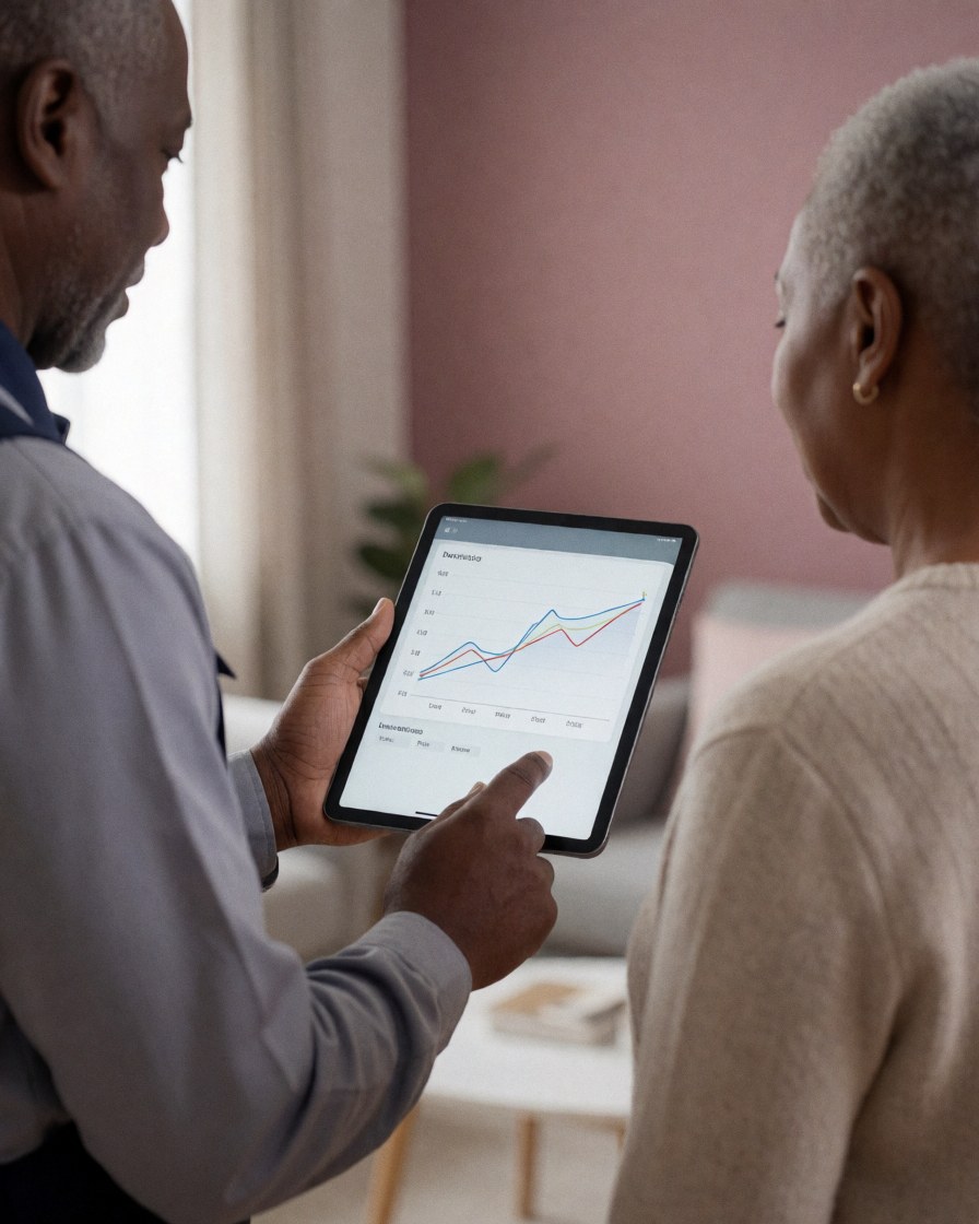 Un technicien en tenue de travail présente un graphique de fuites sur une tablette à un client dans un salon moderne avec des outils de réparation visibles.
