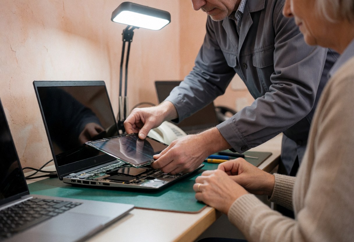 Technicien en réparation de matériel informatique effectuant une intervention, client observant, éclairage de travail, murs clairs, scène de service technique.
