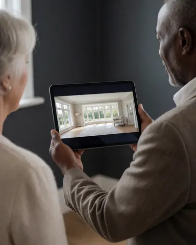 Vue arrière d'une cliente vérifiant une image panoramique sur une tablette dans un intérieur aux murs gris avec une vue ouverte et de la lumière naturelle.